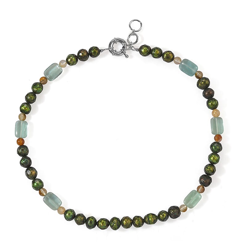 EverTrue Fluorite, White Quartz and Green Pearl (D) 330.00 ctw Beaded Necklace in Platinum Bond 18 Inches