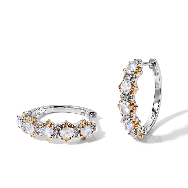 EverTrue Rainbow Moonstone and White Zircon 1.80 ctw Hoop Earrings in 18K YG Plated and Platinum Bond