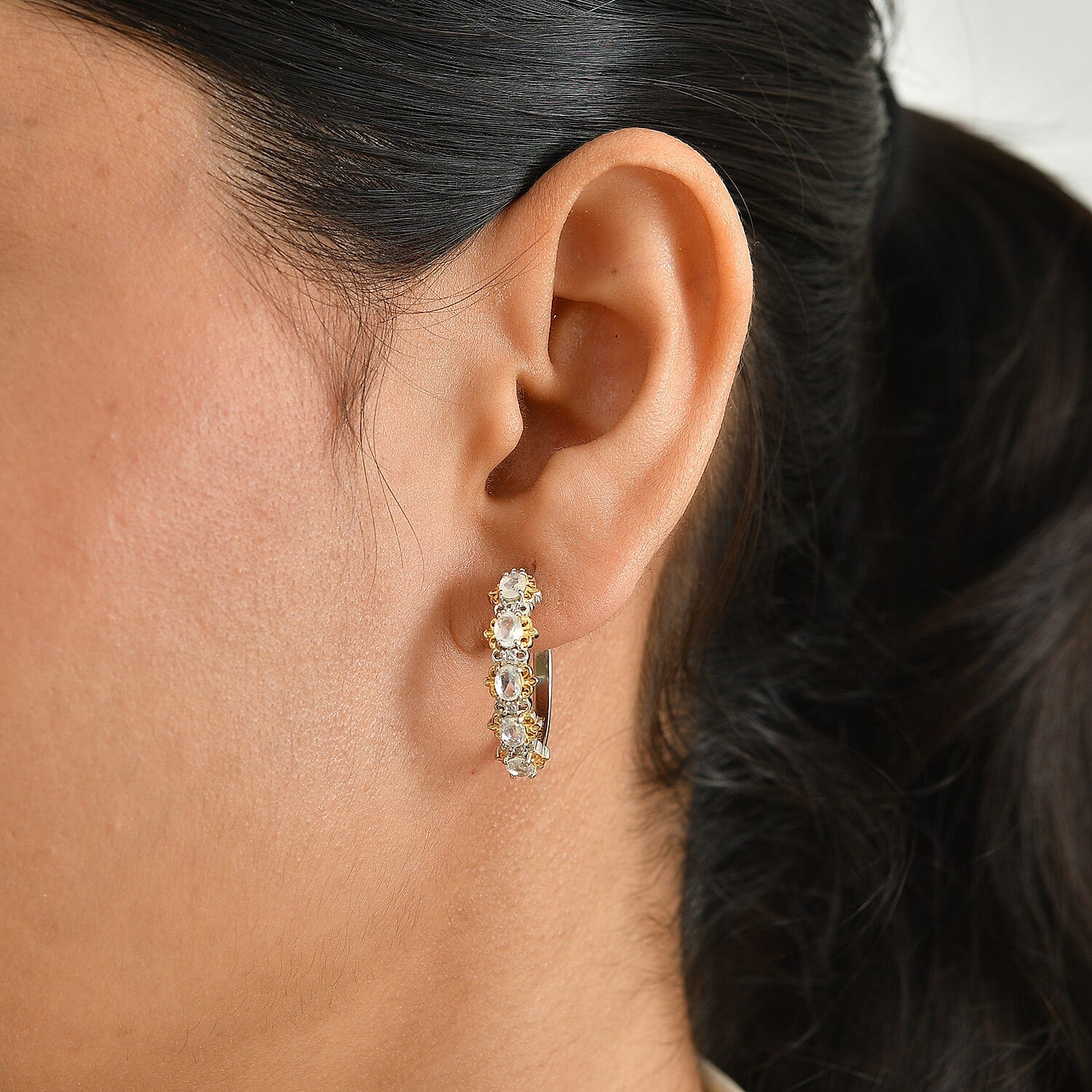 EverTrue Rainbow Moonstone and White Zircon 1.80 ctw Hoop Earrings in 18K YG Plated and Platinum Bond
