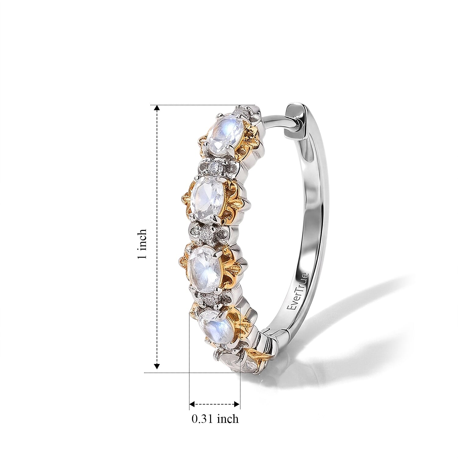 EverTrue Rainbow Moonstone and White Zircon 1.80 ctw Hoop Earrings in 18K YG Plated and Platinum Bond