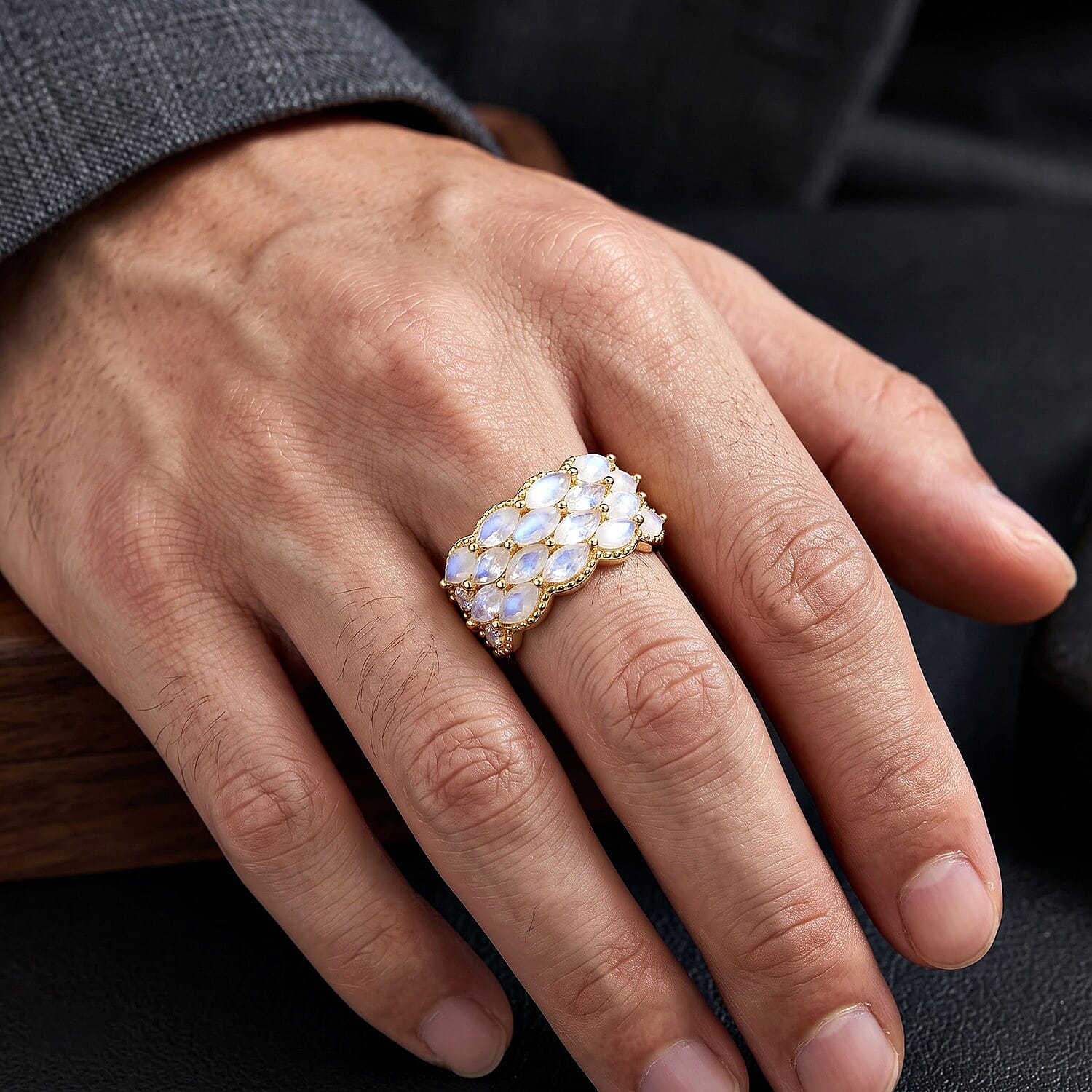 EverTrue Rainbow Moonstone and White Zircon 2.65 ctw Ring in 18K YG Plated (Size 5.0)