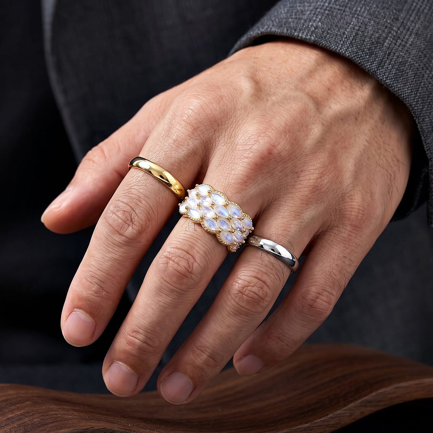 EverTrue Rainbow Moonstone and White Zircon 2.65 ctw Moonfire Elegance Ring in 18K YG Plated (Size 6.0)