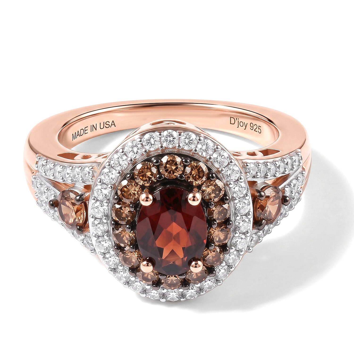 D'Joy AAA Red Zircon, White and Chocolate Zircon 2.90 ctw Ring in 18K Vermeil Rose Gold Over Sterling Silver (Size 5.0)