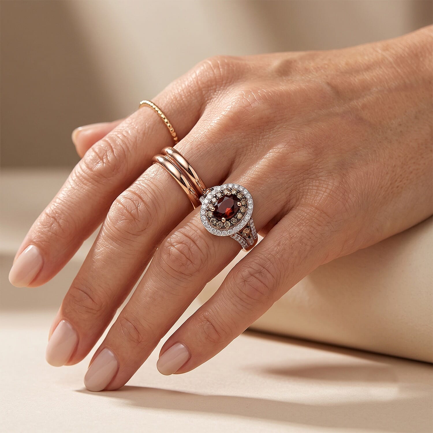 D'Joy AAA Red Zircon, White and Chocolate Zircon 2.90 ctw Ring in 18K Vermeil Rose Gold Over Sterling Silver (Size 5.0)