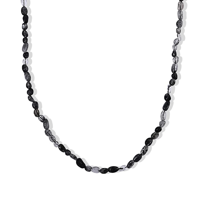 Black Rutilated Quartz 50.00 ctw Cord Beaded Necklace (17-19 Inches) in Stainless Steel
