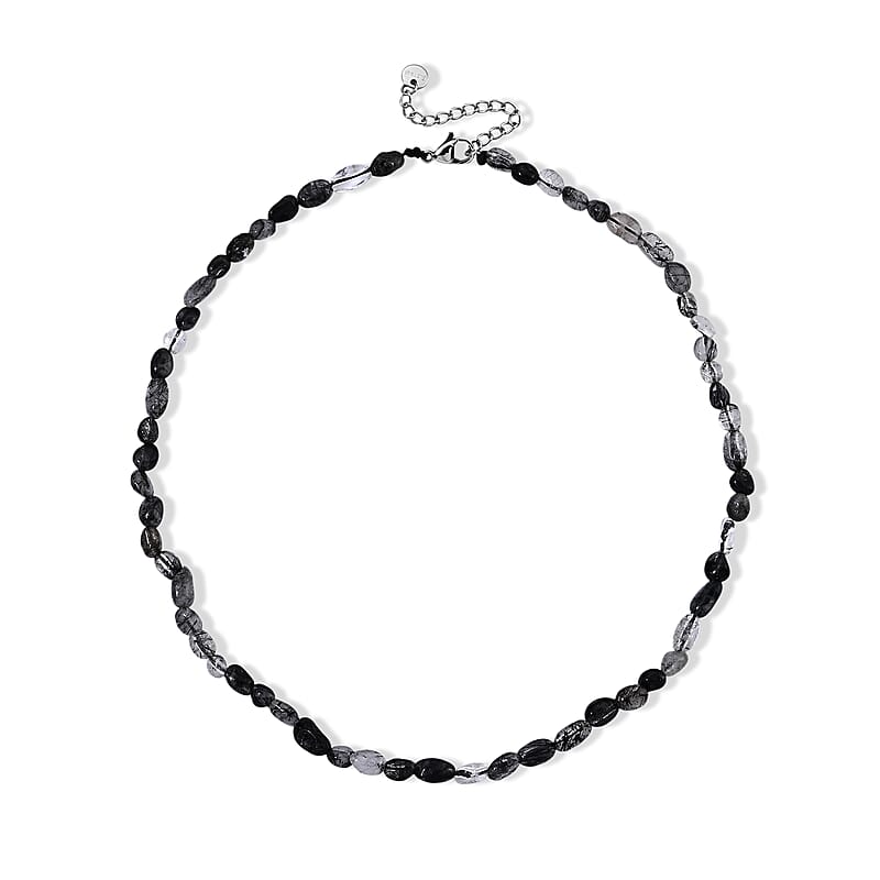 Black Rutilated Quartz 50.00 ctw Cord Beaded Necklace (17-19 Inches) in Stainless Steel