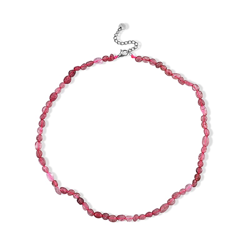 Strawberry Quartz 50.00 ctw Cord Beaded Necklace (17-19 Inches) in Stainless Steel