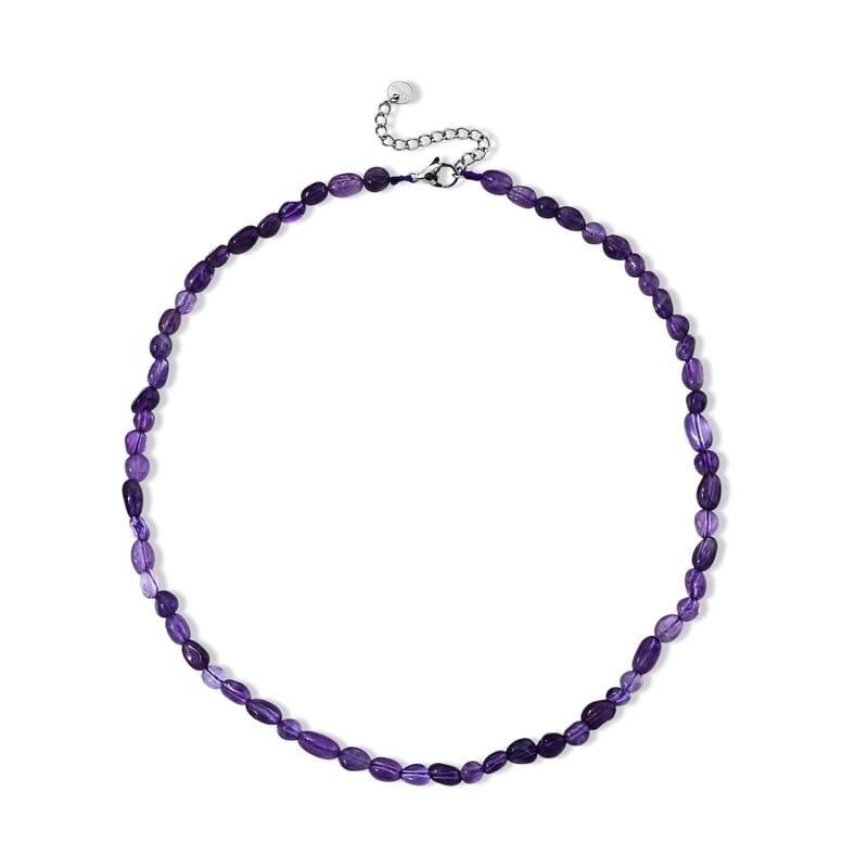 African Amethyst 50.00 ctw Cord Beaded Necklace (17-19 Inches) in Stainless Steel