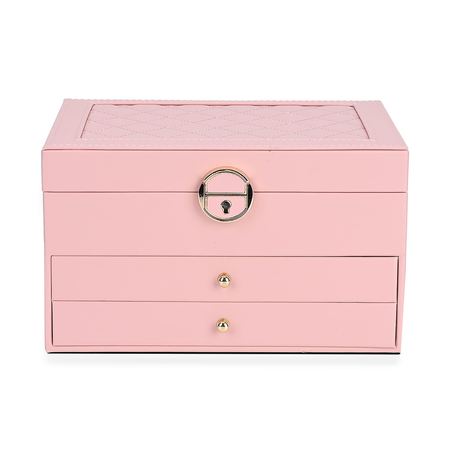 Pink Faux Leather 3 Layer Diamond Pattern Jewelry Box