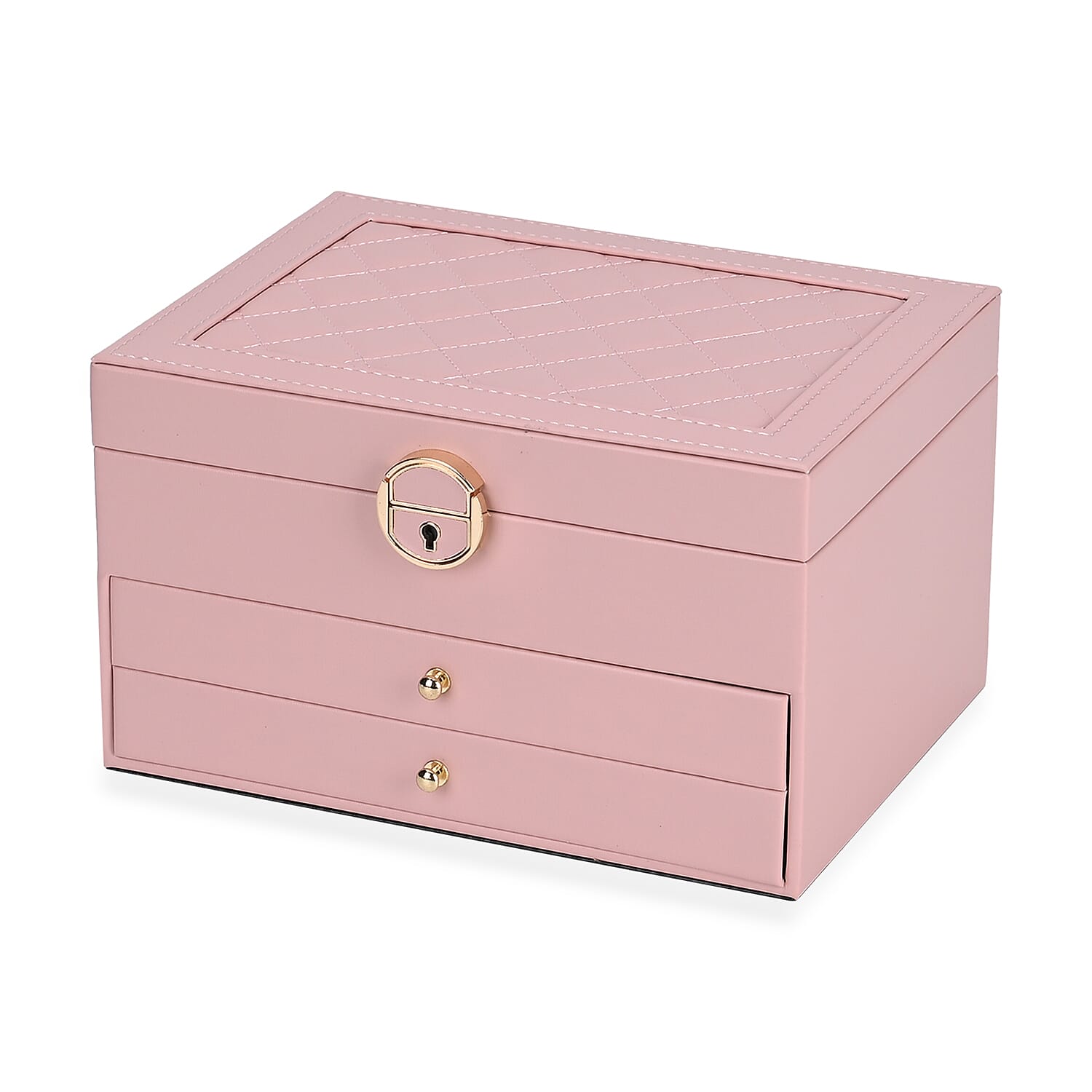 Pink Faux Leather 3 Layer Diamond Pattern Jewelry Box