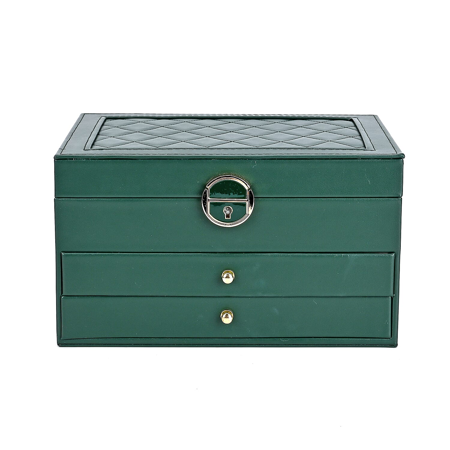 Olive Green Faux Leather 3 Layer Diamond Pattern Jewelry Box