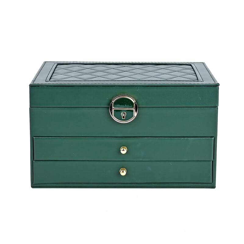 Olive Green Faux Leather 3 Layer Diamond Pattern Jewelry Box