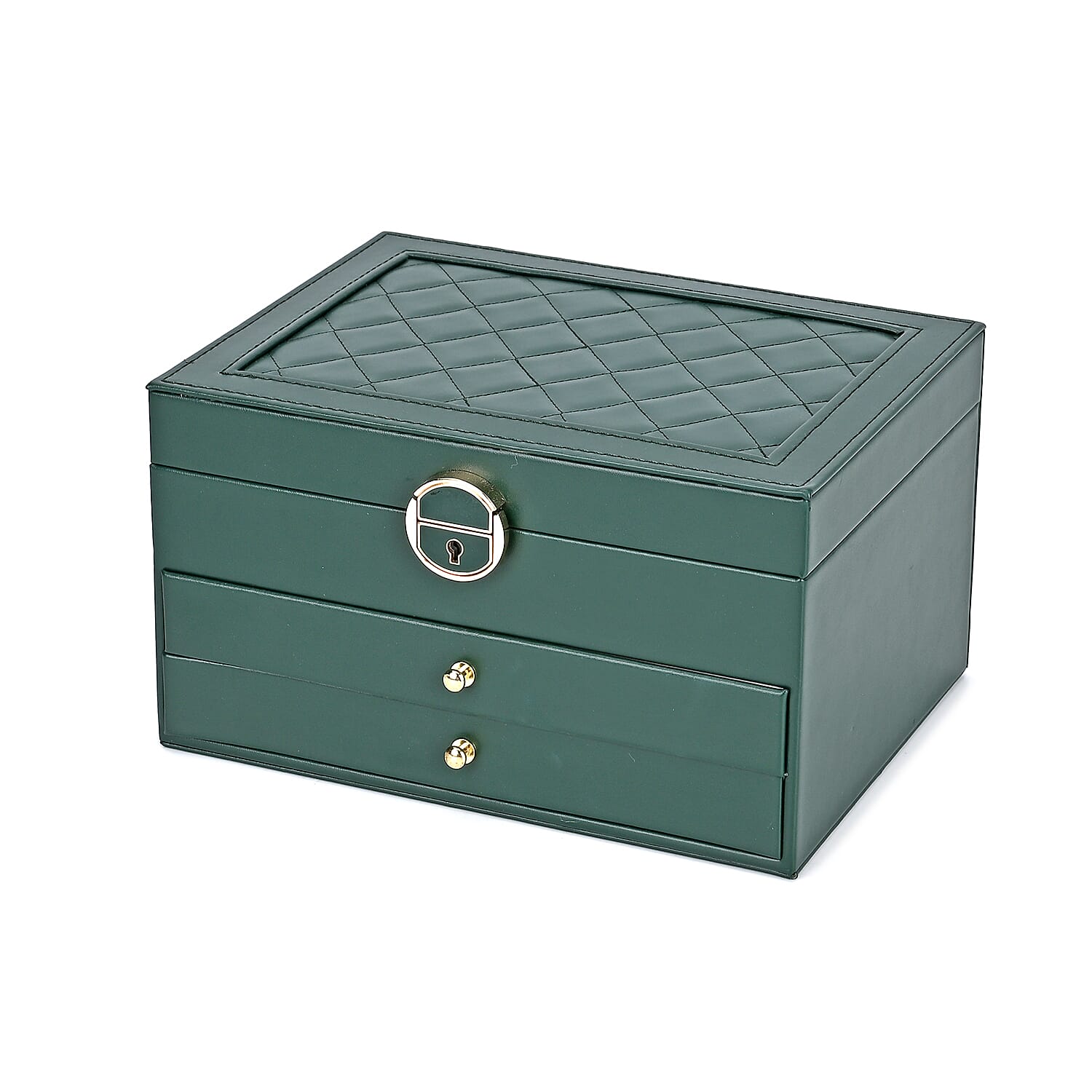 Olive Green Faux Leather 3 Layer Diamond Pattern Jewelry Box