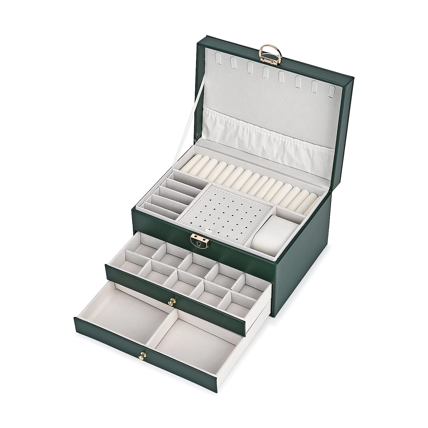 Olive Green Faux Leather 3 Layer Diamond Pattern Jewelry Box