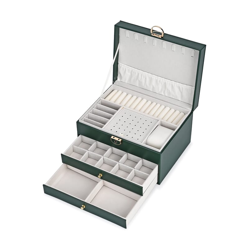 Olive Green Faux Leather 3 Layer Diamond Pattern Jewelry Box