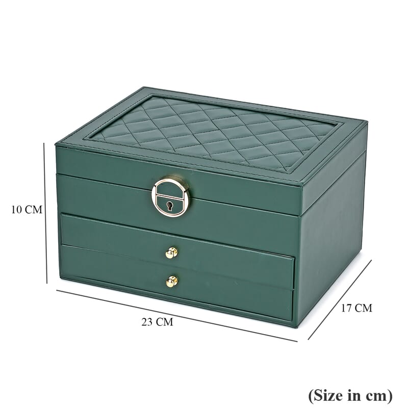 Olive Green Faux Leather 3 Layer Diamond Pattern Jewelry Box