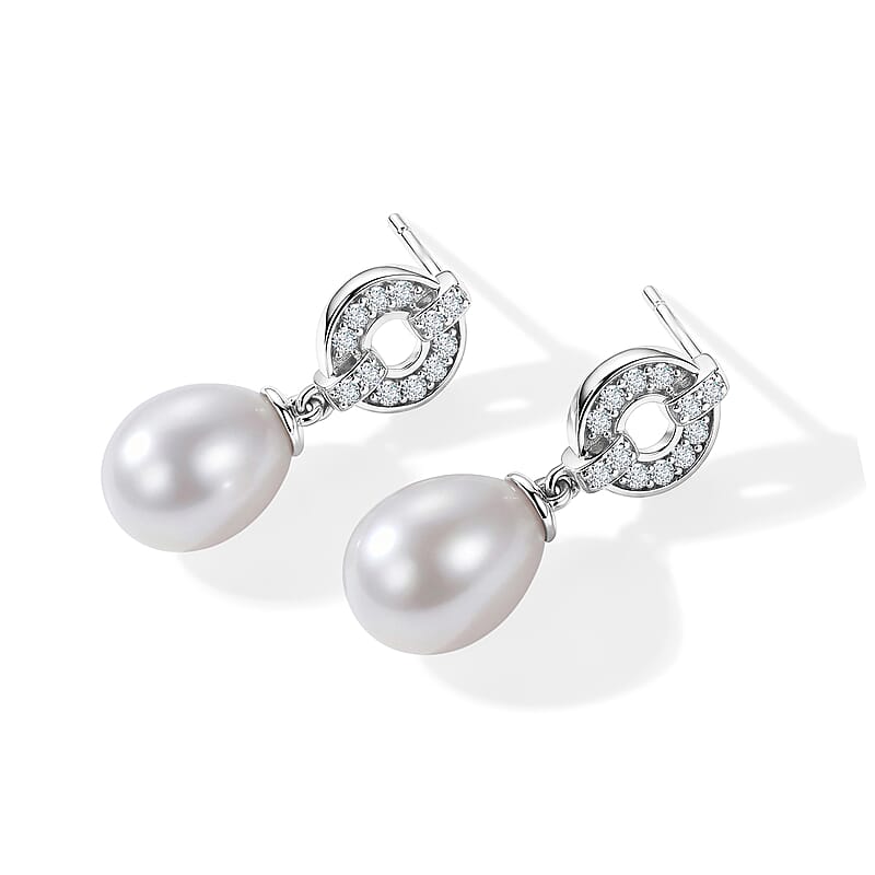 D'Joy Freshwater Pearl and White Zircon 0.50 ctw Earrings in Platinum Over Sterling Silver