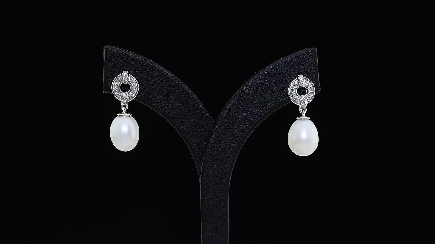 D'Joy Freshwater Pearl and White Zircon 0.50 ctw Earrings in Platinum Over Sterling Silver