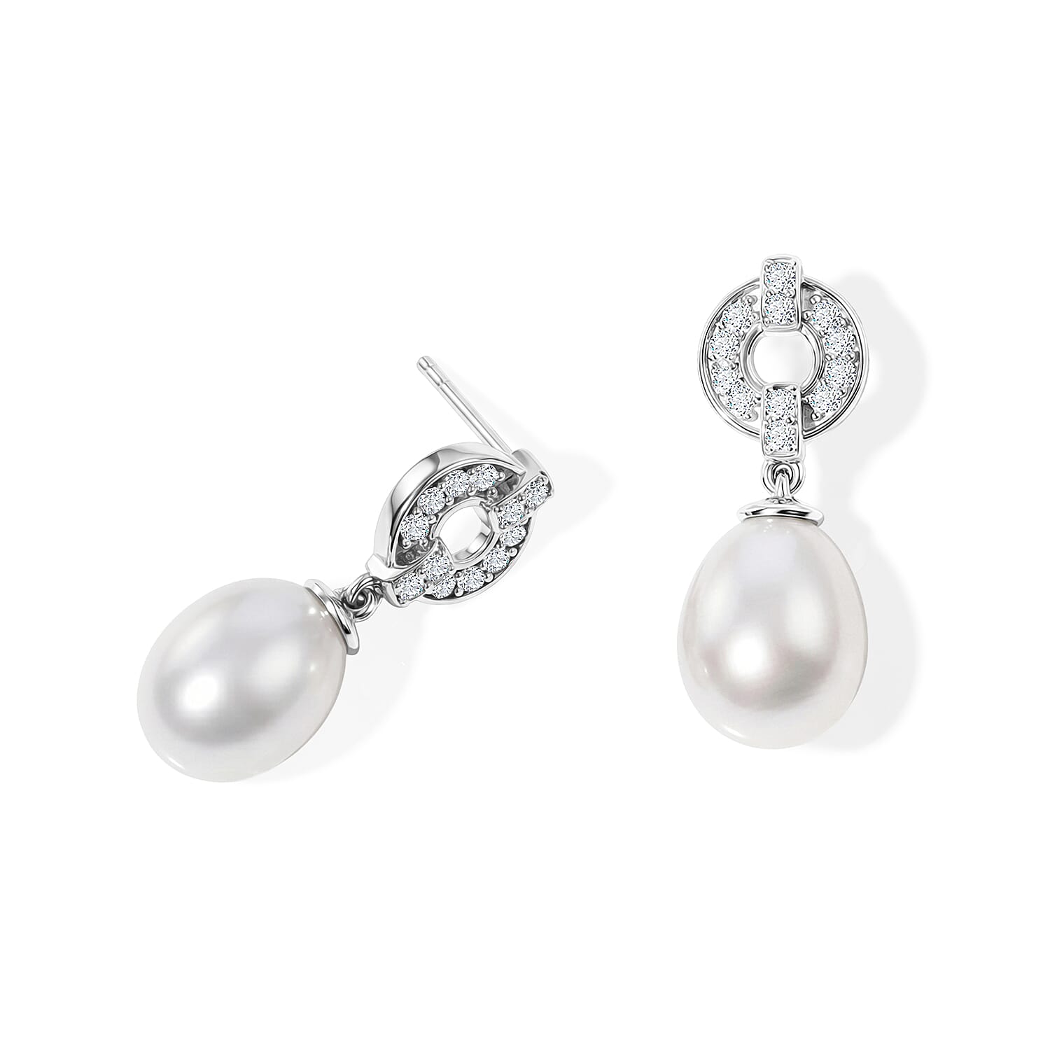 D'Joy Freshwater Pearl and White Zircon 0.50 ctw Earrings in Platinum Over Sterling Silver