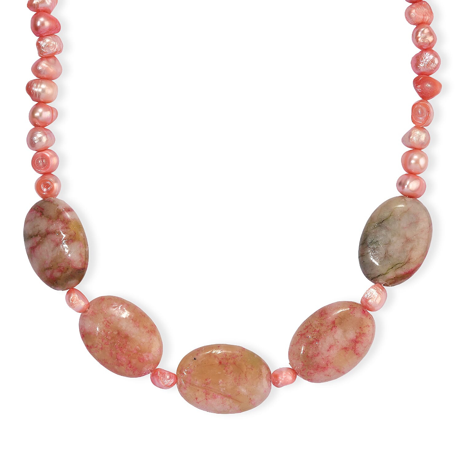 EverTrue Light Pink Pearl (D) and Crazy Lace Jasper 125.00 ctw Necklace (18 Inches) in Platinum Bond