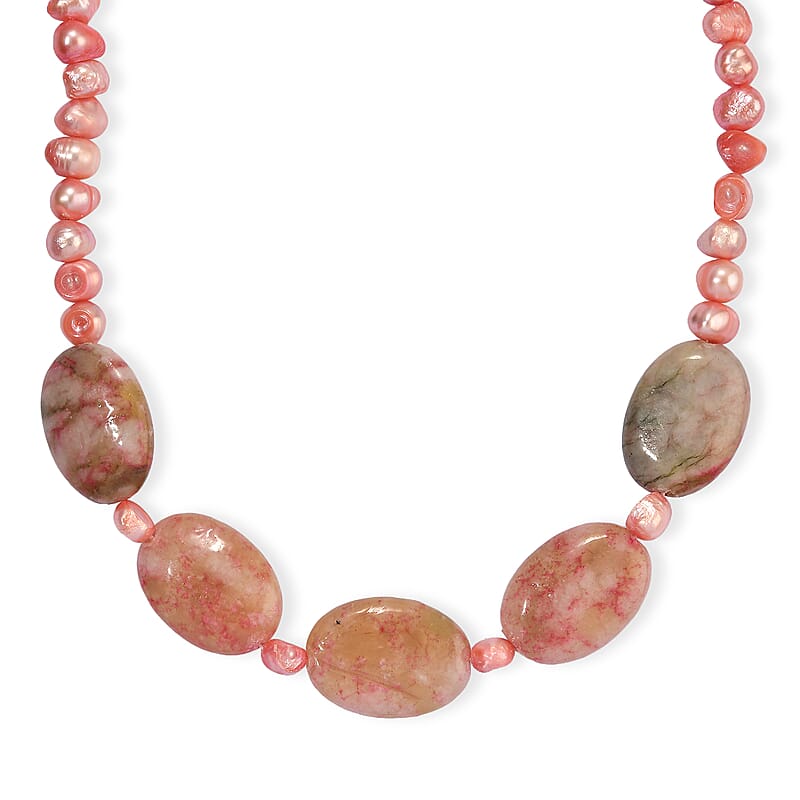 EverTrue Light Pink Pearl (D) and Crazy Lace Jasper 125.00 ctw Necklace (18 Inches) in Platinum Bond