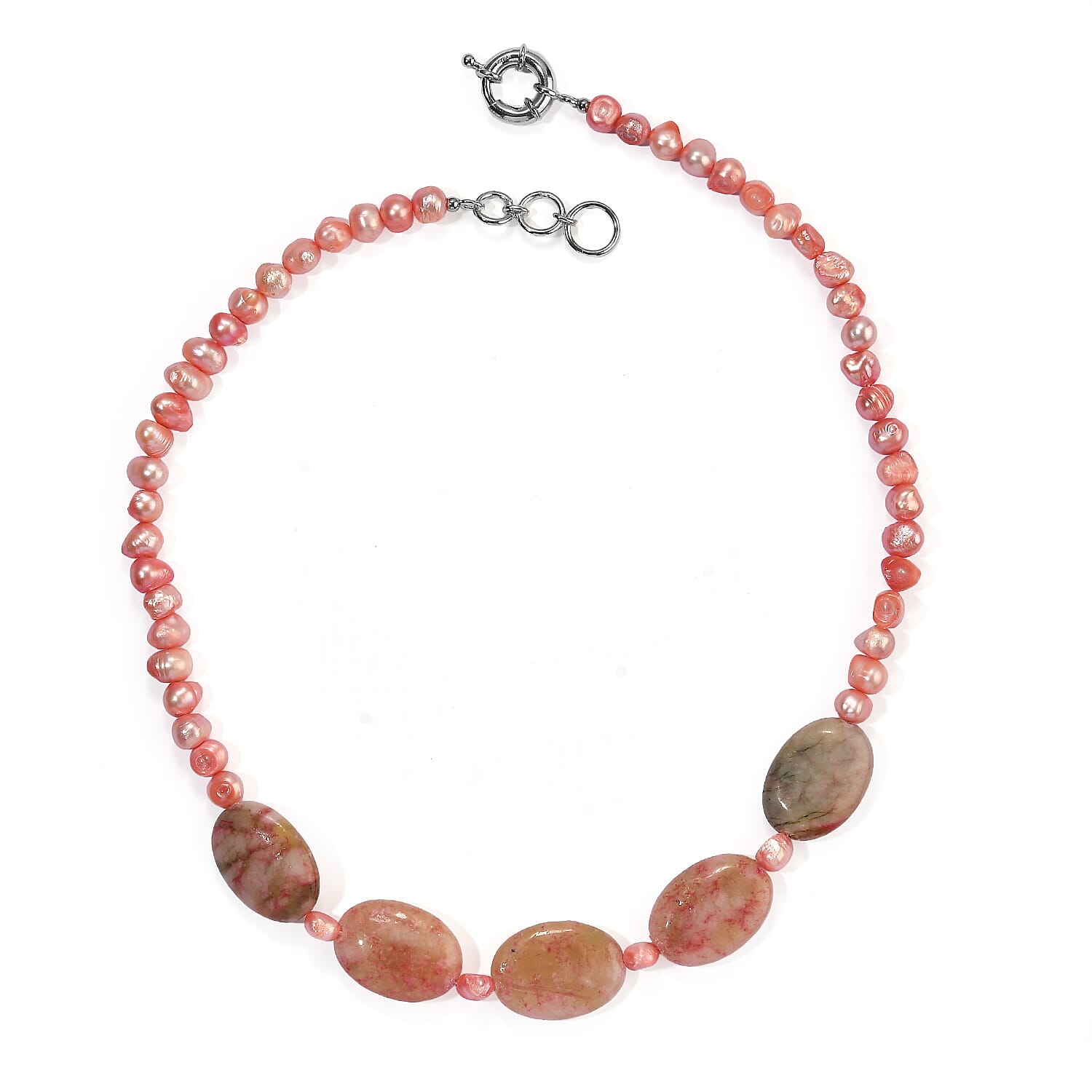 EverTrue Light Pink Pearl (D) and Crazy Lace Jasper 125.00 ctw Necklace (18 Inches) in Platinum Bond