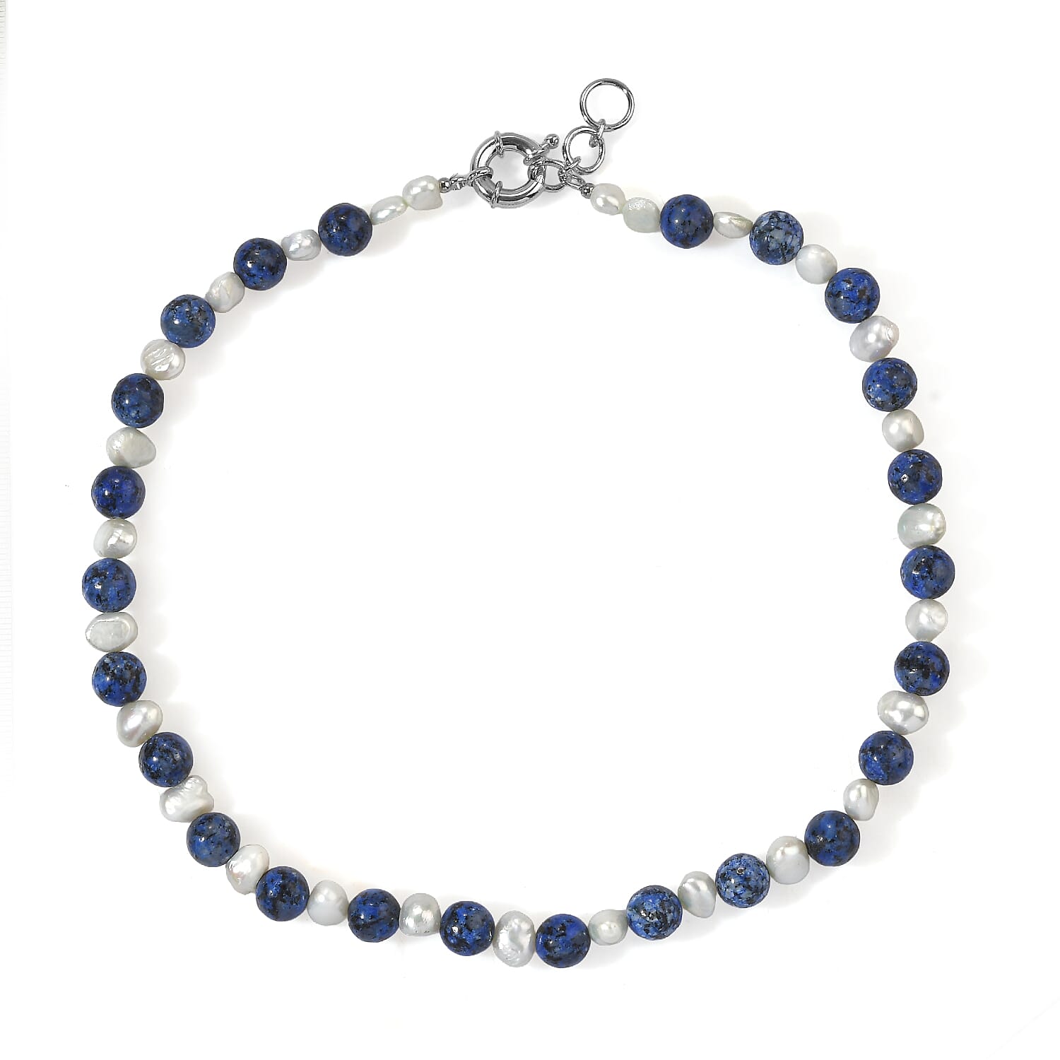 EverTrue Blue Jasper and Fresh Water Pearl 180.00 ctw Beaded Necklace in Platinum Bond 18 Inches