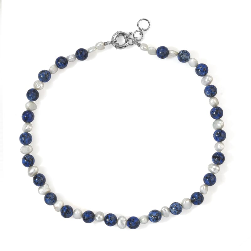 EverTrue Blue Jasper and Fresh Water Pearl 180.00 ctw Beaded Necklace in Platinum Bond 18 Inches