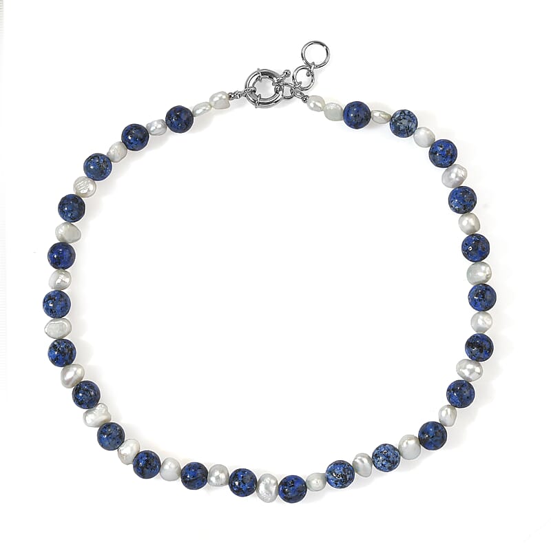 EverTrue Blue Jasper and Fresh Water Pearl 180.00 ctw Beaded Necklace in Platinum Bond 18 Inches