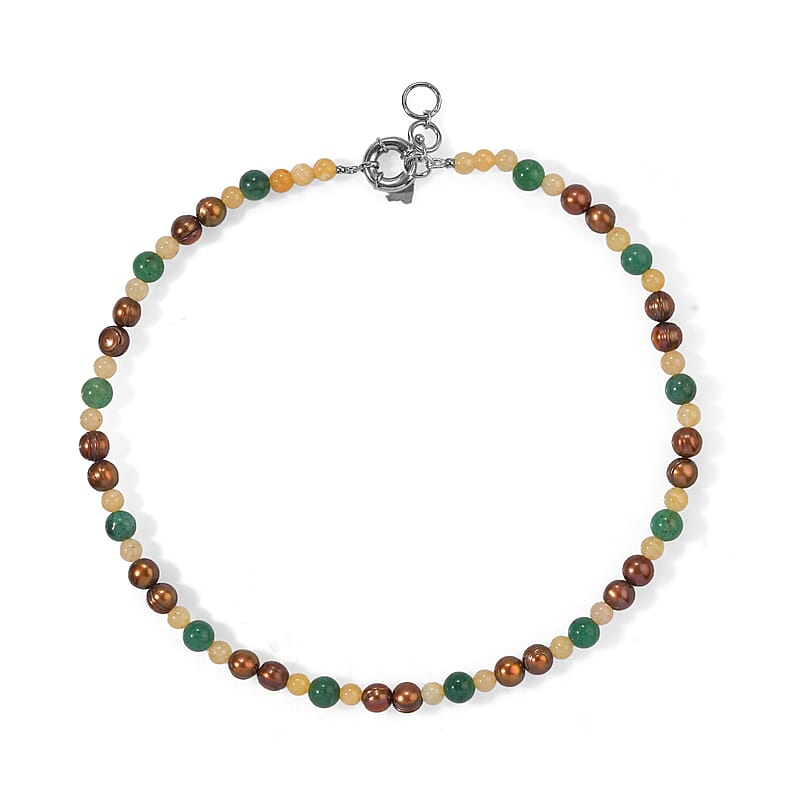 EverTrue Green and Yellow Aventurine, Bronze Pearl (D) 70.00 ctw Beaded Necklace in Platinum Bond 18 Inches