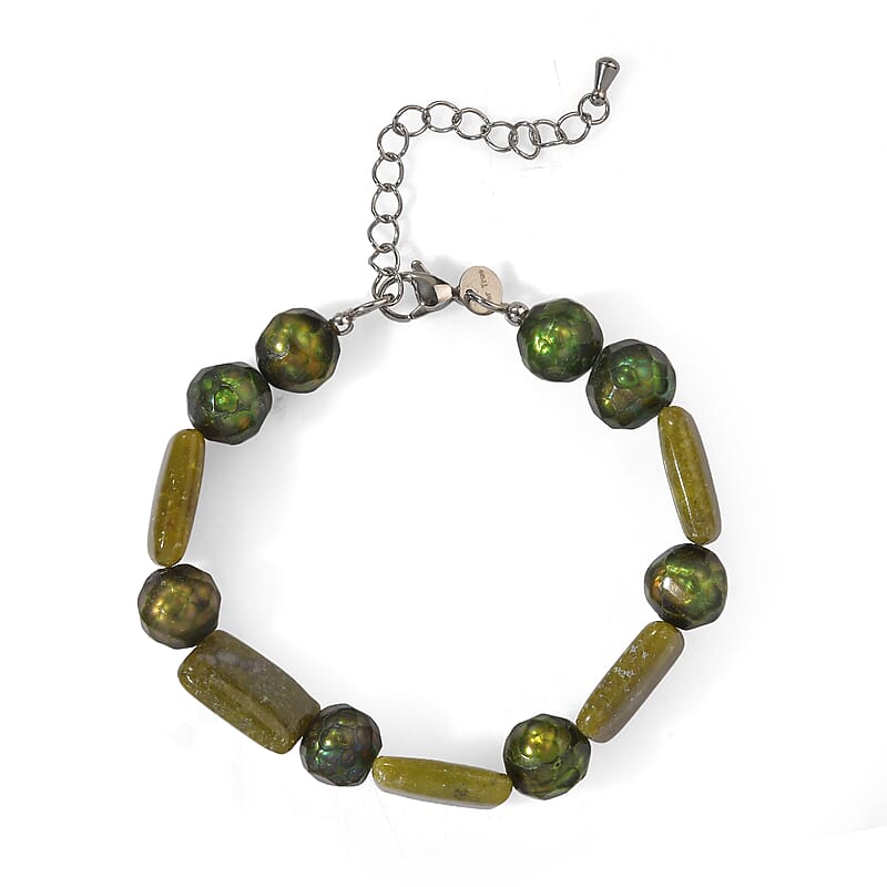 EverTrue Vesuvianite and Green Pearl (D) 55.00 ctw Beaded Bracelet in Stainless Steel (7.25 In)