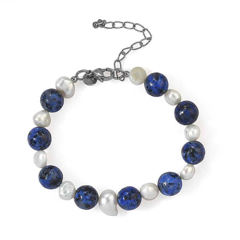 EverTrue Fresh Water Pearl and Blue Jasper 55.00 ctw Beaded Bracelet in Stainless Steel (7.25 In)