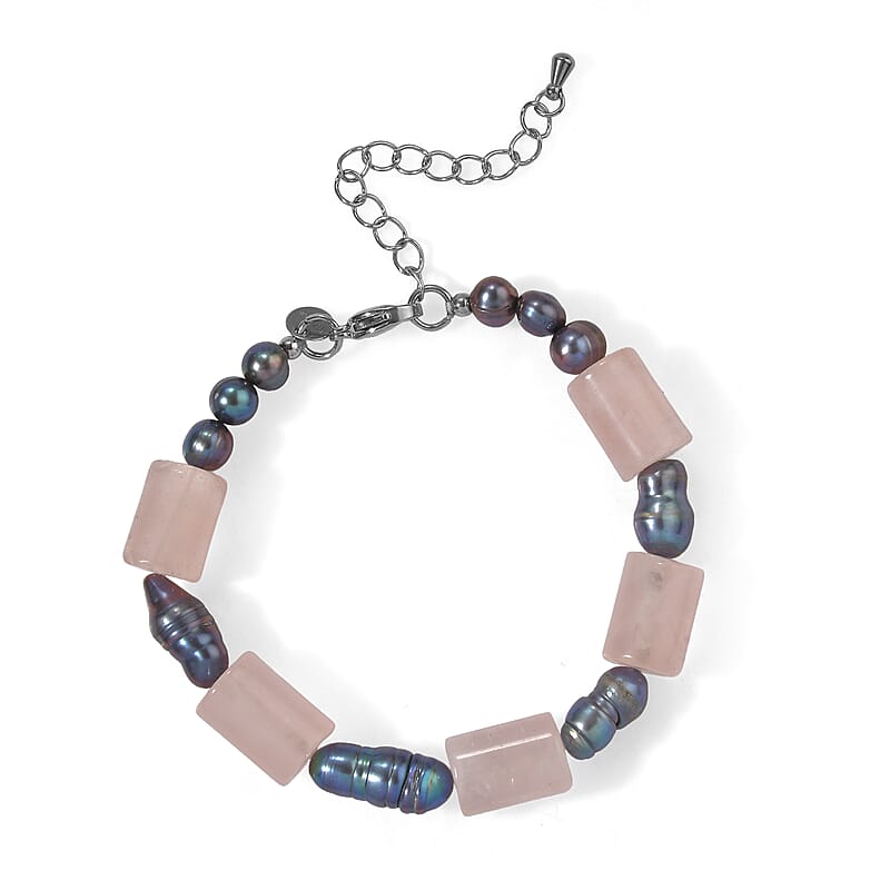 EverTrue Peacock Pearl (D) and Rose Quartz 60.00 ctw Beaded Bracelet in Stainless Steel (7.25 In)