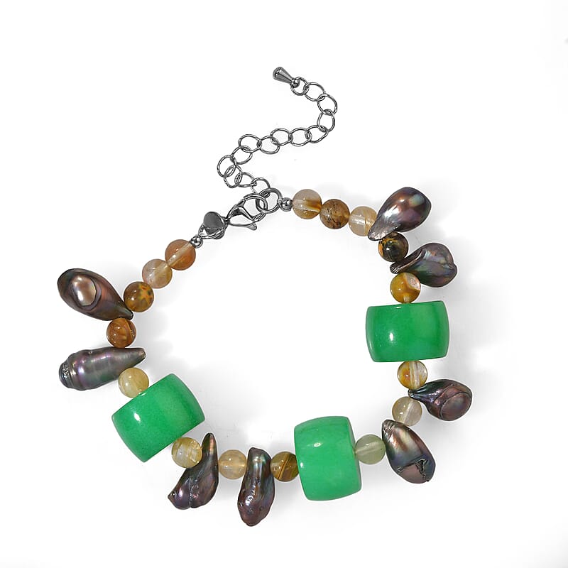 EverTrue Green Aventurine, Peacock Pearl (D) and Gold Quartz 115.00 ctw Beaded Bracelet in Stainless Steel (7.25 In)
