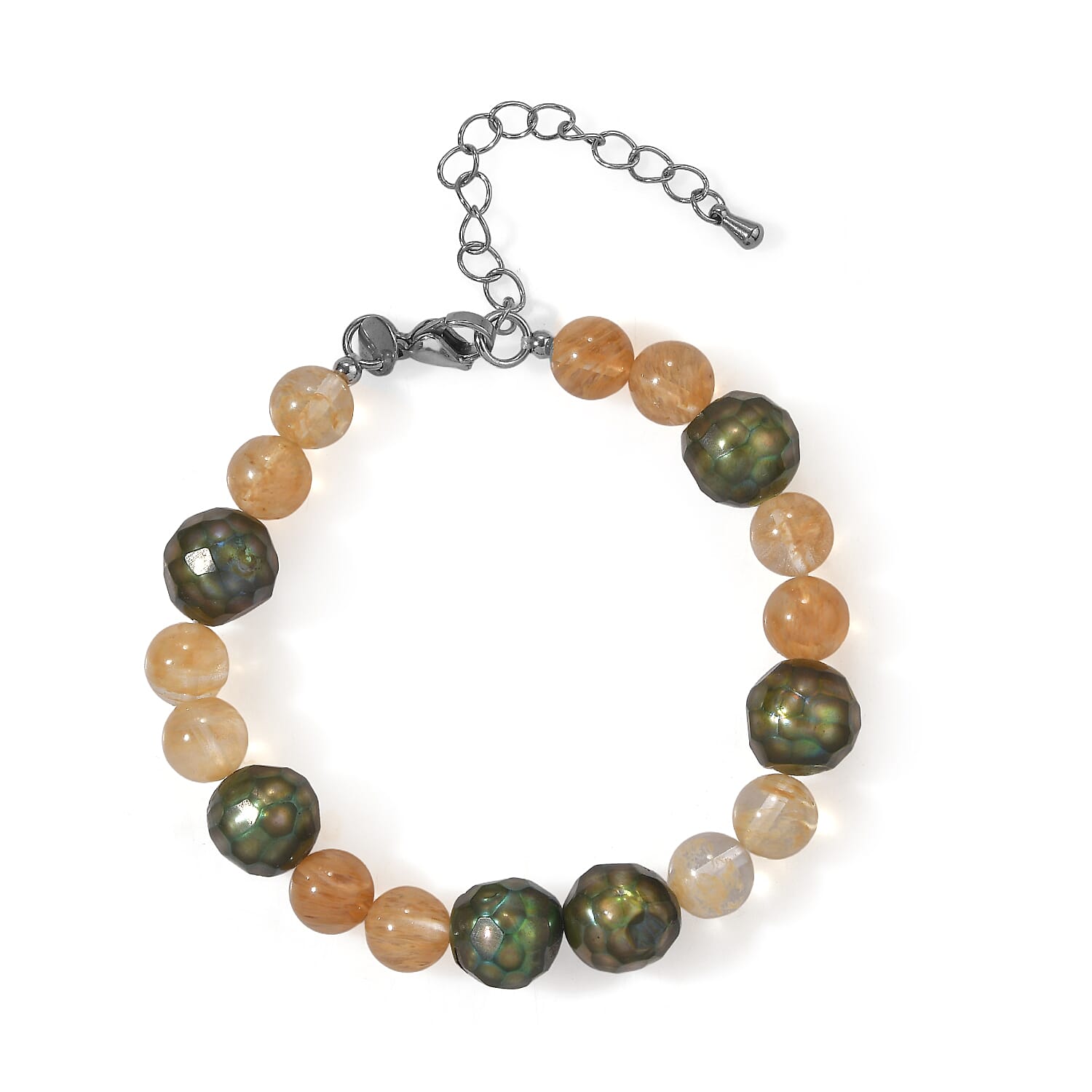 EverTrue Gold Quartz and Green Pearl (D) 50.00 ctw Beaded Bracelet in Stainless Steel (7.25 In)