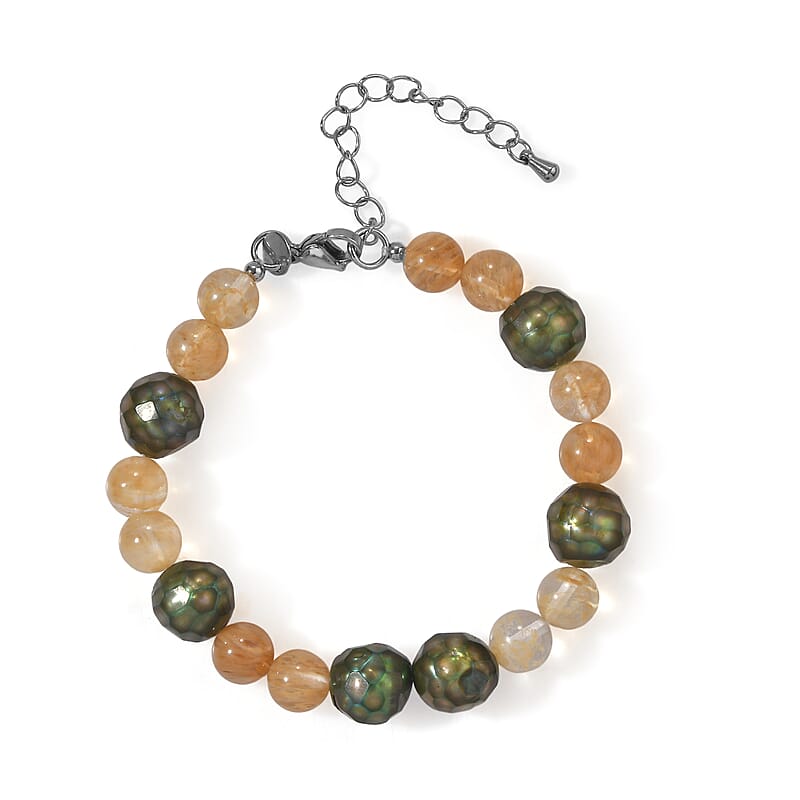 EverTrue Gold Quartz and Green Pearl (D) 50.00 ctw Beaded Bracelet in Stainless Steel (7.25 In)