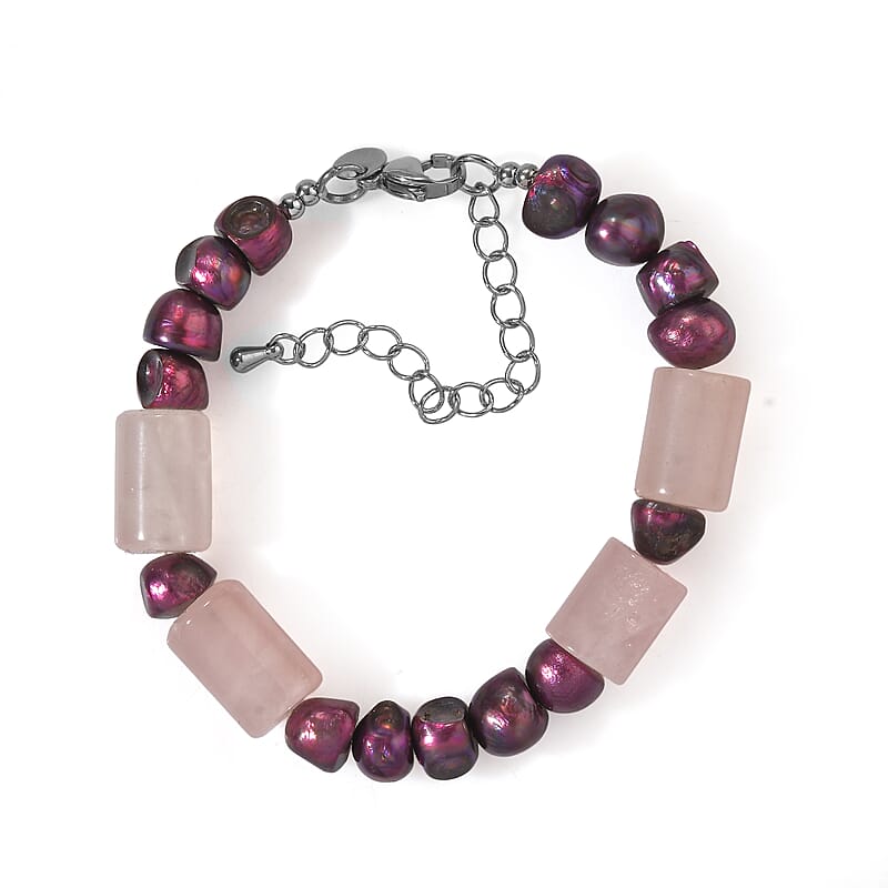 EverTrue Purple Pearl (D) and Rose Quartz 65.00 ctw Beaded Bracelet in Stainless Steel (7.25 In)