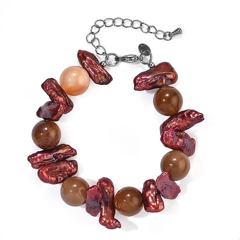 EverTrue Lodolite 70.00 ctw and Purple Pearl (D) Bracelet in Stainless Steel (7.25-9.25In)
