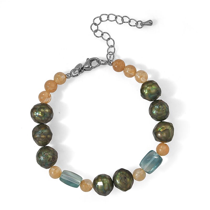 EverTrue Fluorite, White Quartz and Green Pearl (D) 30.00 ctw Beaded Bracelet in Stainless Steel (7.25 In)