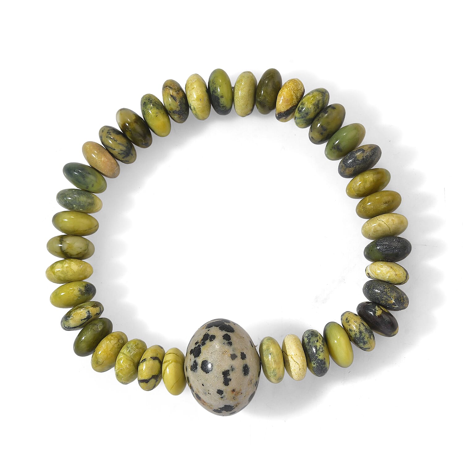 Mojave Yellow Turquoise and Dalmation Jasper 175.00 ctw Shamballa Stretch Bracelet