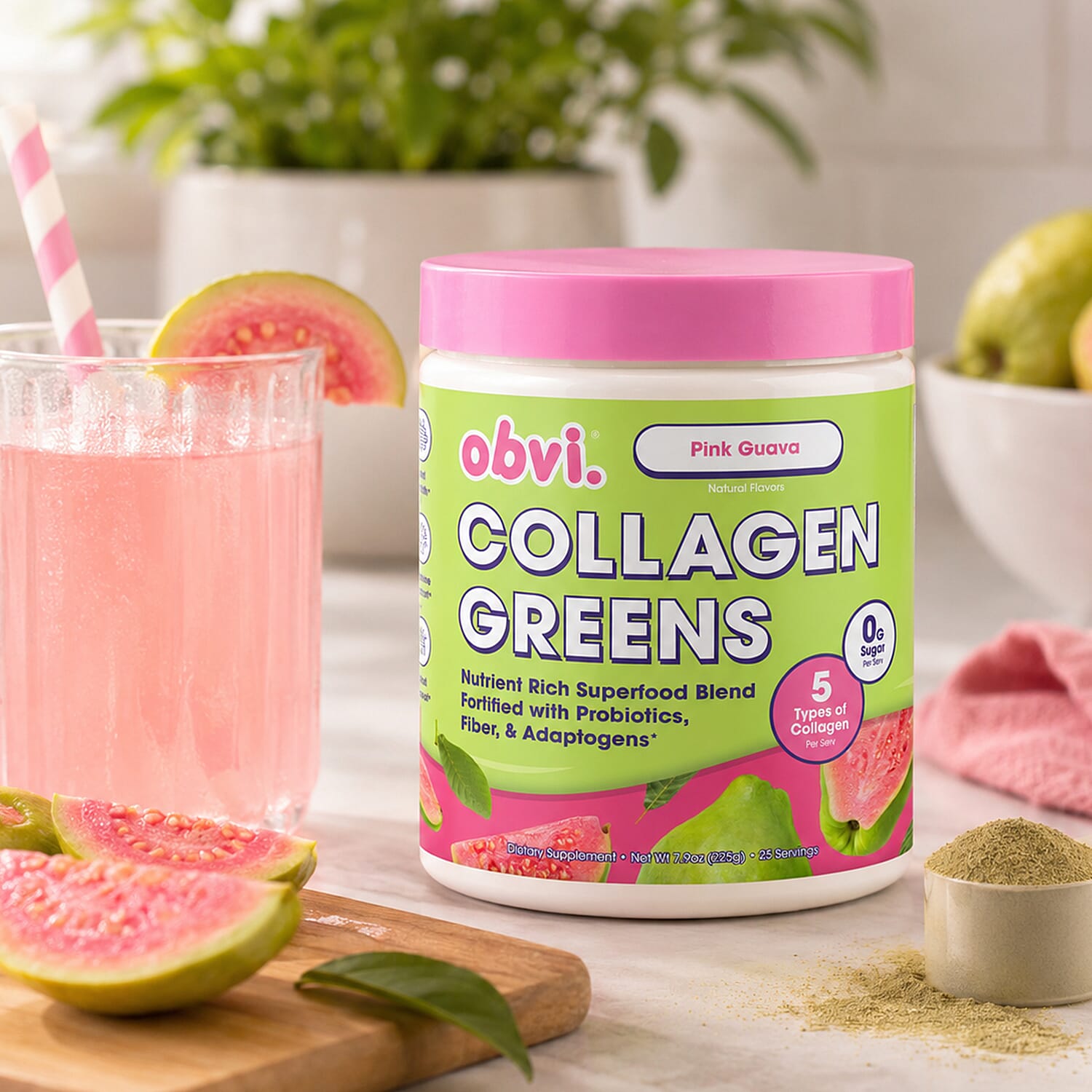 Obvi Collagen Greens Superfood with Probiotics-Guava (7.9oz) Made in US
