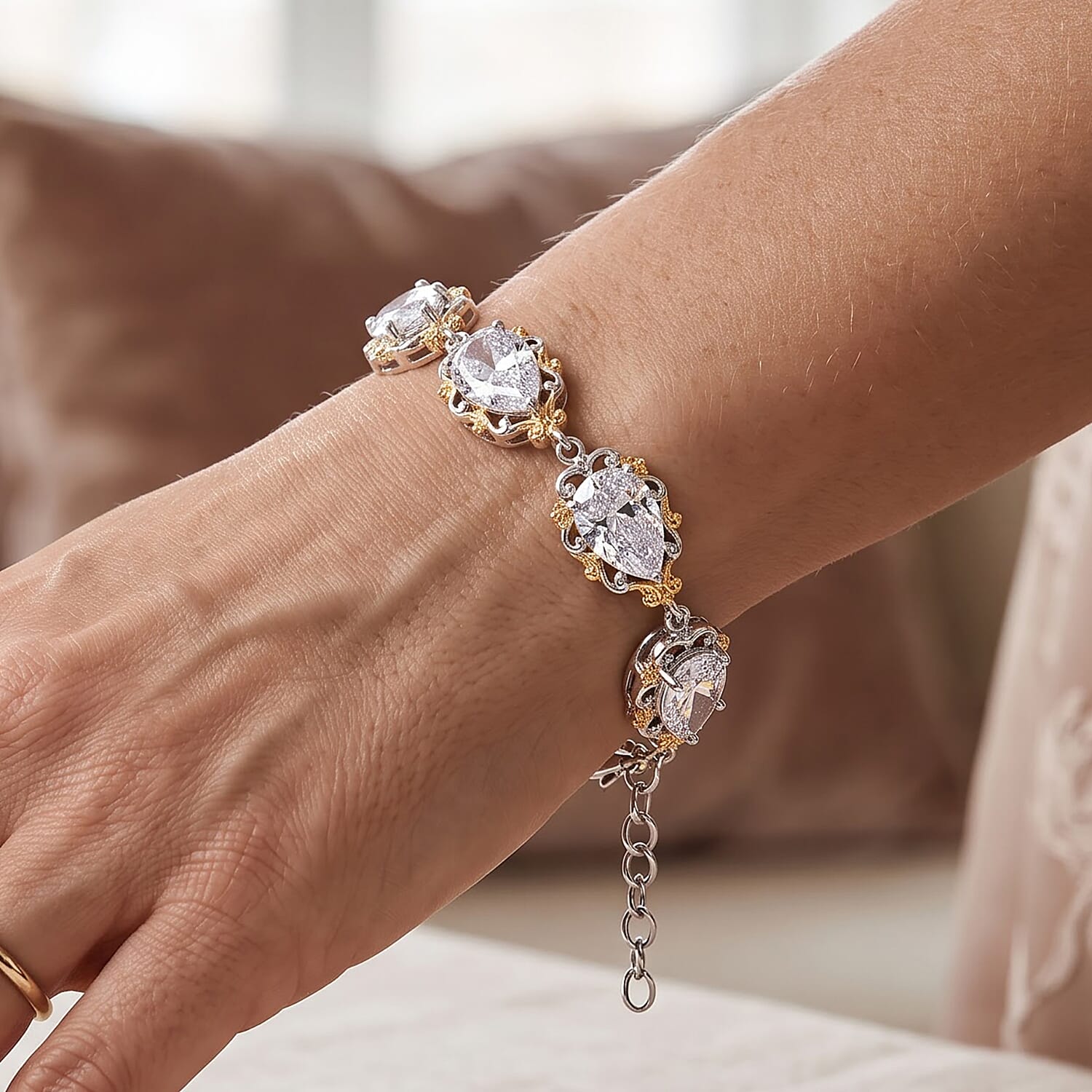 EverTrue Simulated Diamond Line Bracelet in 18K YG Plated and Platinum Bond (6.50 In)