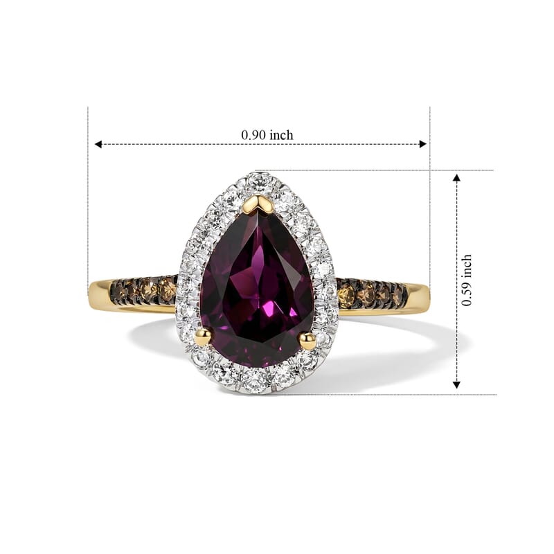 D'Joy Premium Orissa Rhodolite Garnet, Champagne and White Zircon 2.80 ctw Velvet Drop Ring in 18K Vermeil Yellow Gold Over Sterling Silver (Size 6.0)
