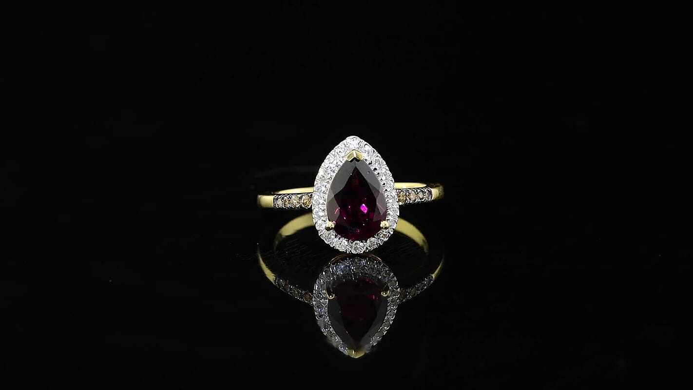 D'Joy Premium Orissa Rhodolite Garnet, Champagne and White Zircon Velvet Drop Ring in 18K Vermeil YG Over Sterling Silver (Size 10.0) 2.80 ctw
