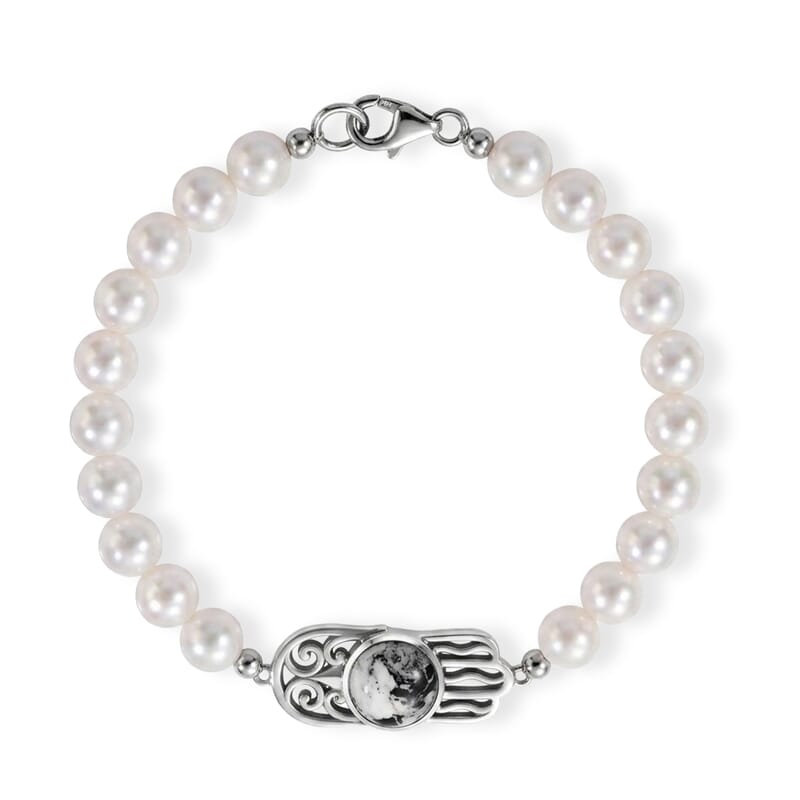 D'Joy Passport to Israel Artisan Crafted White Buffalo 4.25 ctw and Freshwater Pearl Bracelet in Sterling Silver (7.25 In)