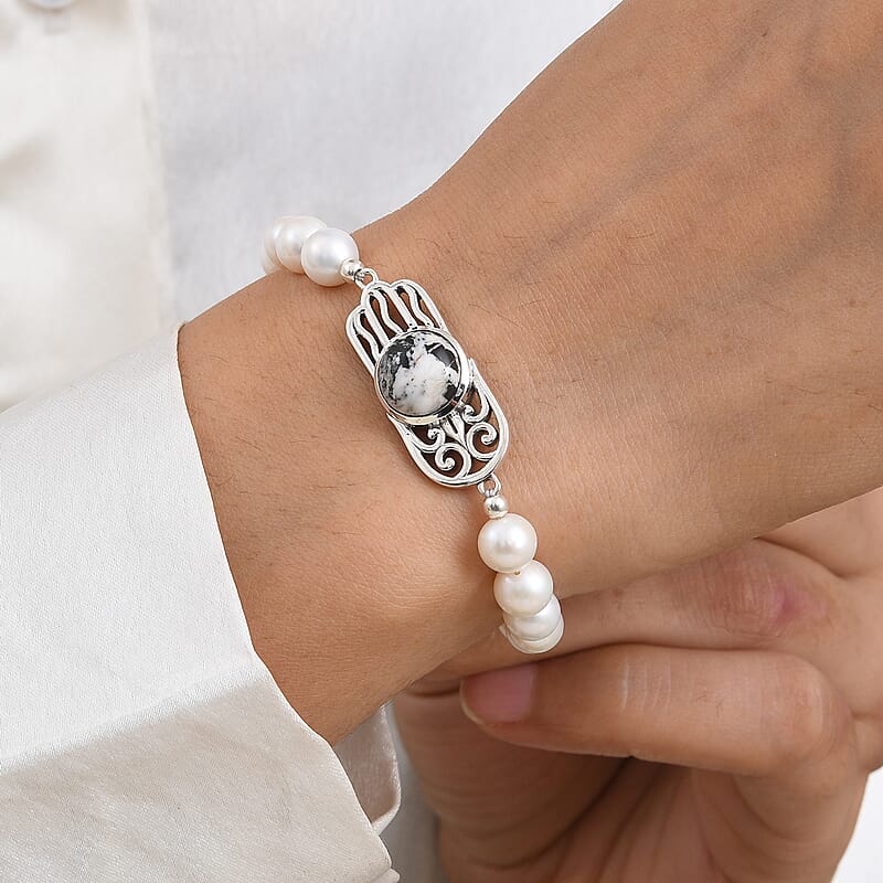D'Joy Passport to Israel Artisan Crafted White Buffalo 4.25 ctw and Freshwater Pearl Bracelet in Sterling Silver (7.25 In)