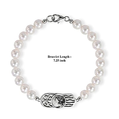 D'Joy Passport to Israel Artisan Crafted White Buffalo 4.25 ctw and Freshwater Pearl Bracelet in Sterling Silver (7.25 In)