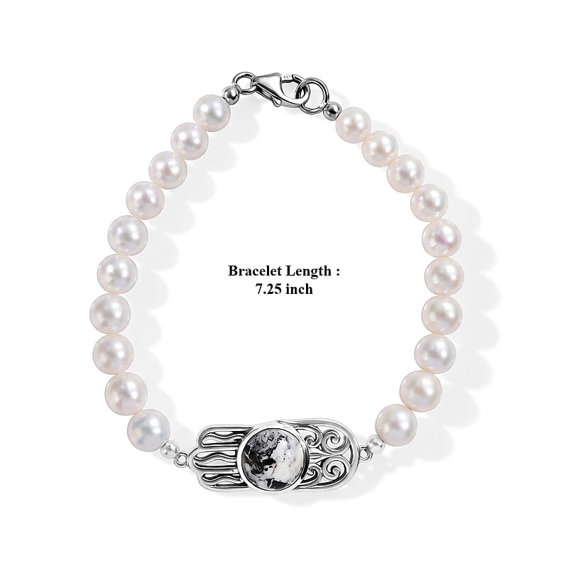 D'Joy Passport to Israel Artisan Crafted White Buffalo 4.25 ctw and Freshwater Pearl Bracelet in Sterling Silver (7.25 In)