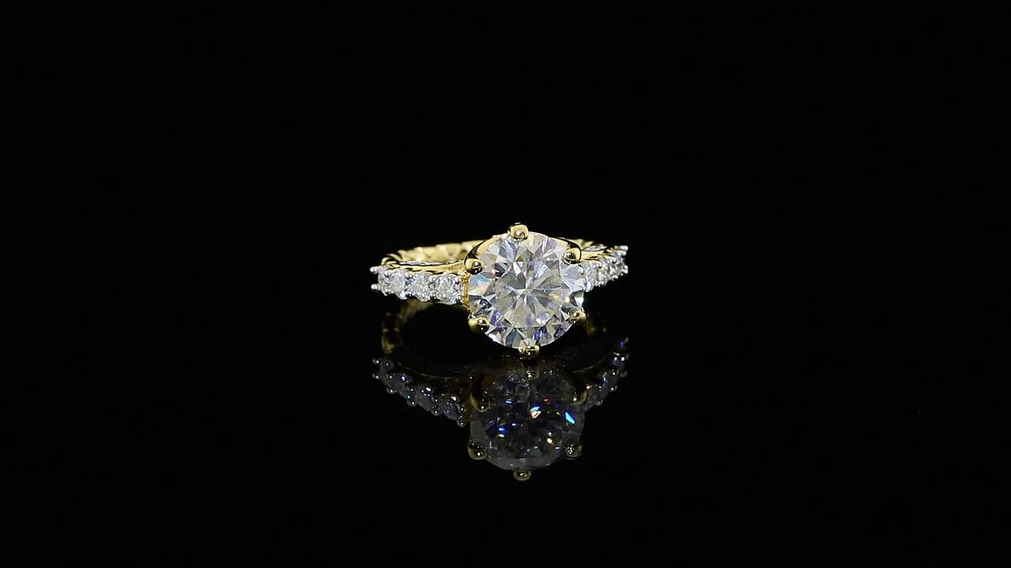 D'Joy Moissanite (Rnd 10mm) Ring in 18K Vermeil YG Over Sterling Silver (Size 6.0) 4.25 ctw 8668489