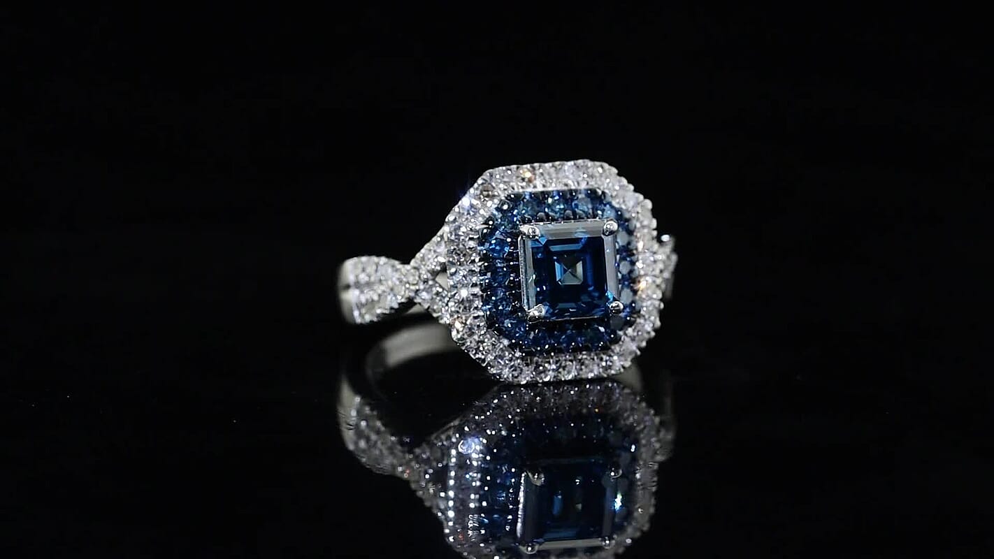 TLV Luxuriant Asscher Cut Lab Grown Blue Diamond (IR),Lab Grown Diamond (SI) Ring in Rhodium Over Sterling Silver (Size 6.0) 1.80 ctw